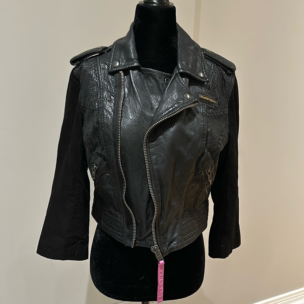 Superdry leather body and suede sleeves short biker